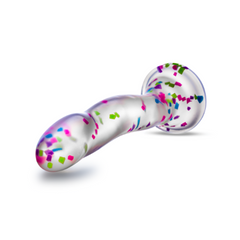 Low-angle view of the confetti dildo highlighting the flat suction cup base
