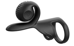 Low-angle view highlighting dual rings and curved vibrating stimulator arm in black