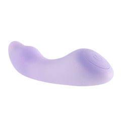 Low-angle view of Euphoria vibrator base showing circular power button on purple silicone