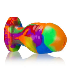 Low-angle view of HONCHO-2 rainbow silicone plug emphasizing tapered neck and flared base profile