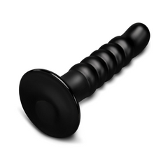 Low-angle view of Krush black dildo showing wide suction cup base attachment point