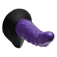 Low-angle view of Orion Invader alien dildo highlighting curved tip and ribbed texture