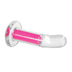 Low-angle view of Pink Paradise plug showing flared base and pink vibrating core detail