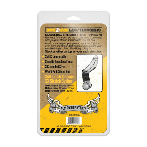 Low Hangers 3-piece kit packaging back showing graduated sizing details and soft silicone design