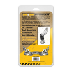 Low Hangers 3-piece kit packaging back showing graduated sizing details and soft silicone design