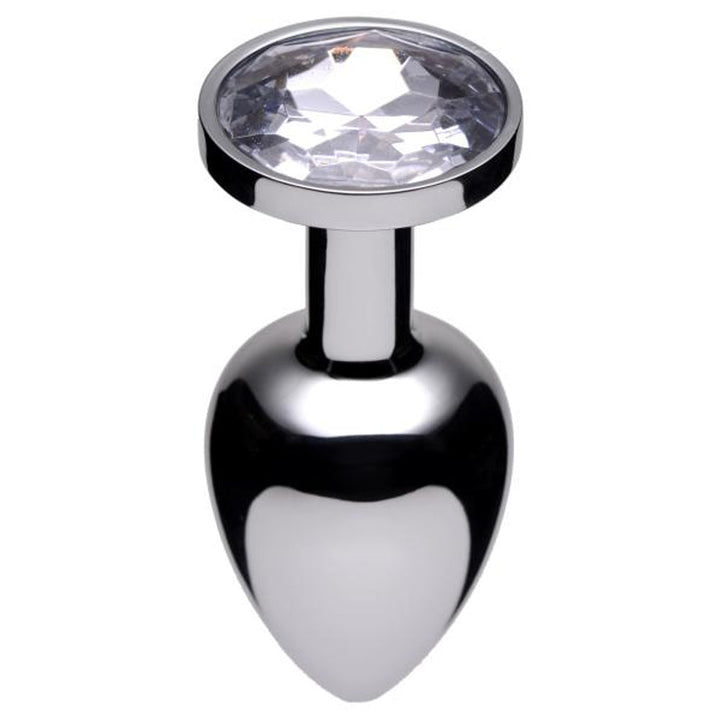 Lucent Jewel Accented Anal Plug in polished silver with a heart-shaped base and clear crystal top
