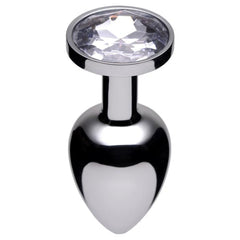 Lucent Jewel Accented Anal Plug in polished silver with a heart-shaped base and clear crystal top