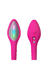Lush Mini vibrator head with glowing multicolor LED shown alongside rear magnetic charging pins