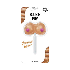 Lusty Lickers Boobie Pop caramel-flavored hard candy lollipop in retail packaging, front view