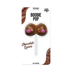 Lusty Lickers Boobie Pop chocolate-flavored hard candy lollipop in retail blister packaging