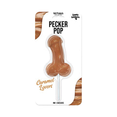 Lusty Lickers Pecker Pop caramel-flavoured hard candy lollipop in retail blister packaging