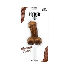 Lusty Lickers Pecker Pop chocolate-flavored hard candy lollipop in retail blister packaging