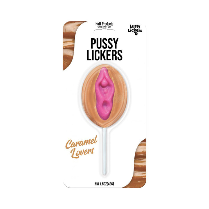 Lusty Lickers Pussy Pop caramel-flavoured hard candy lollipop in retail blister pack
