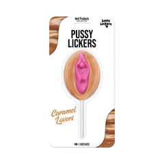 Lusty Lickers Pussy Pop caramel-flavoured hard candy lollipop in retail blister pack