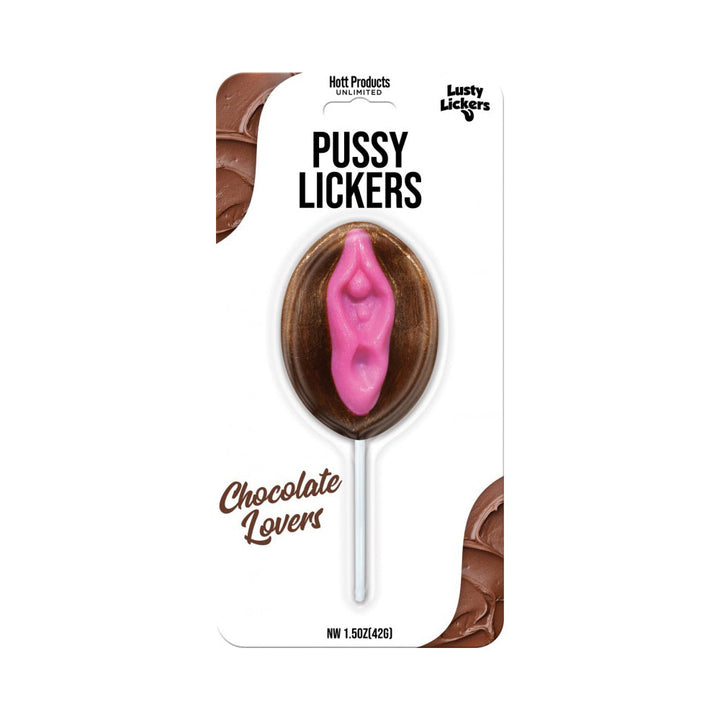 Lusty Lickers Pussy Pop chocolate-flavored lollipop in retail blister packaging, 1.5 oz