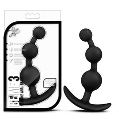 Luxe Be Me 3 black silicone anal beads beside retail packaging, showing graduated bead design