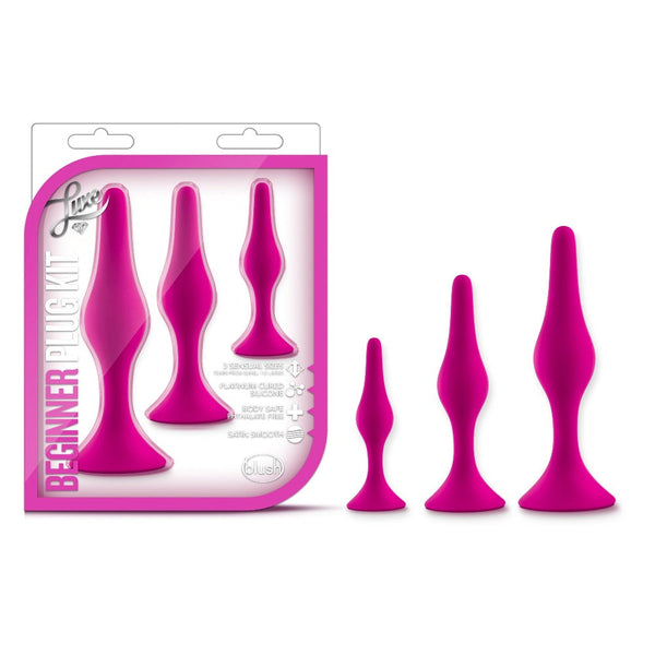 Luxe Beginner Plug Kit beside retail box showing platinum-cured silicone and three-piece set details