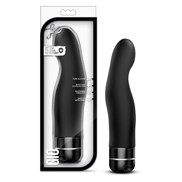 Luxe Gio black silicone vibrator beside its sleek black retail packaging box