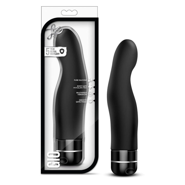Luxe Gio black silicone vibrator beside its sleek black retail packaging box