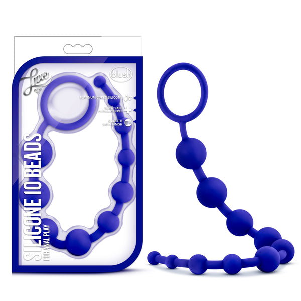 Luxe Silicone 10 Beads in indigo blue displayed beside its retail packaging by Blush Novelties