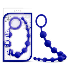 Luxe Silicone 10 Beads in indigo blue displayed beside its retail packaging by Blush Novelties