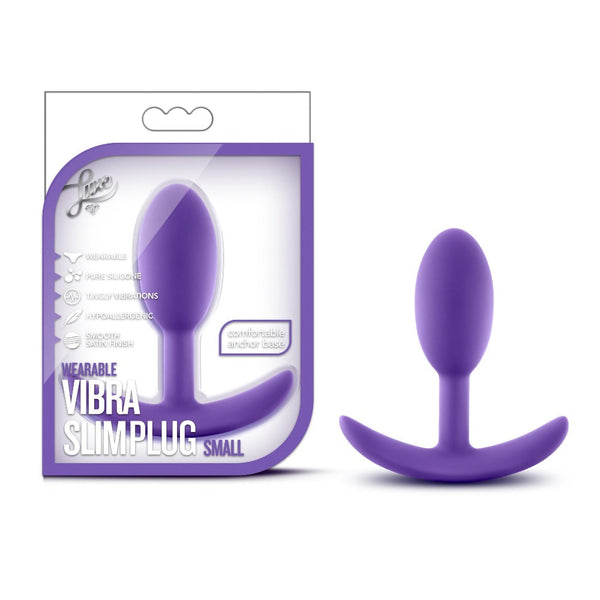 Luxe Vibra Slim Plug Small beside retail packaging listing wearable, body-safe silicone features