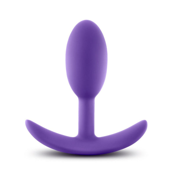 Luxe Wearable Vibra Slim Plug Small in purple silicone with curved anchor base, front view