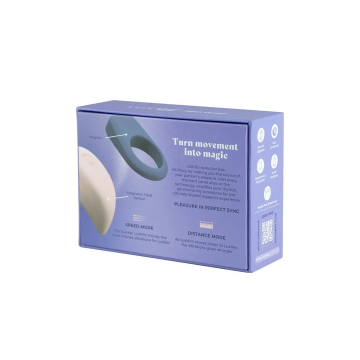 LUXUS Climax Together couple's vibrator set packaging, back panel showing magnetic sync technology
