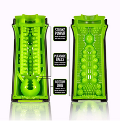 M2 stroker opened flat showing green TPE sleeve with stroke-power ribs and pleasure balls
