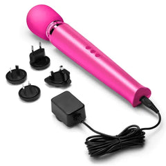 Magenta Le Wand massager with included international power adapters and charging cable