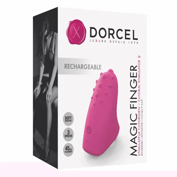 Dorcel Magic Finger rechargeable finger vibrator box, pink, showing 3 speeds and soft silicone features