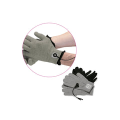 Close-up of Magic Gloves worn on hands highlighting wrist snap electrode connection point