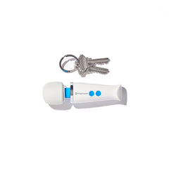 Magic Wand Micro compact wand massager shown next to a set of keys to illustrate pocket-sized scale