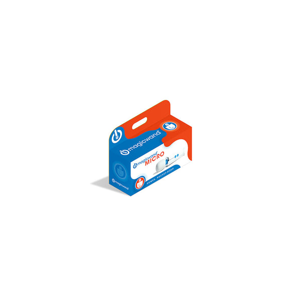 Magic Wand Micro retail packaging shown at an isometric angle highlighting the orange and blue box design