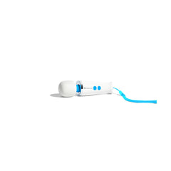 Magic Wand Micro white wand massager lying flat with blue wrist lanyard attached to handle