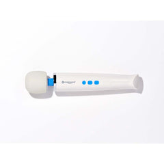 Magic Wand Mini cordless massager lying flat, showing three blue control buttons on handle