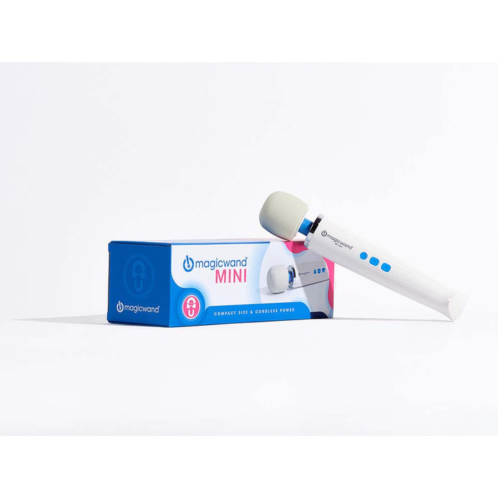 Magic Wand Mini rechargeable massager leaning against its blue and white retail box