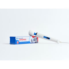 Magic Wand Original corded personal massager beside its blue and white retail box