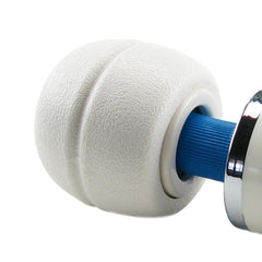 Close-up of Magic Wand Original's soft textured white spherical massage head and blue neck