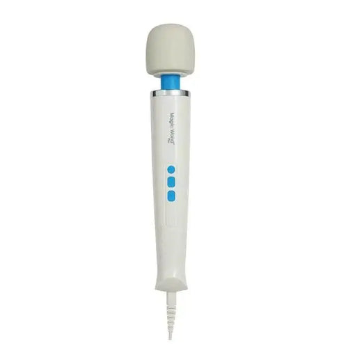 Magic Wand Plus corded wand vibrator in white with blue buttons and grey silicone head