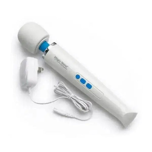 Magic Wand Rechargeable personal massager with blue control buttons and power adapter