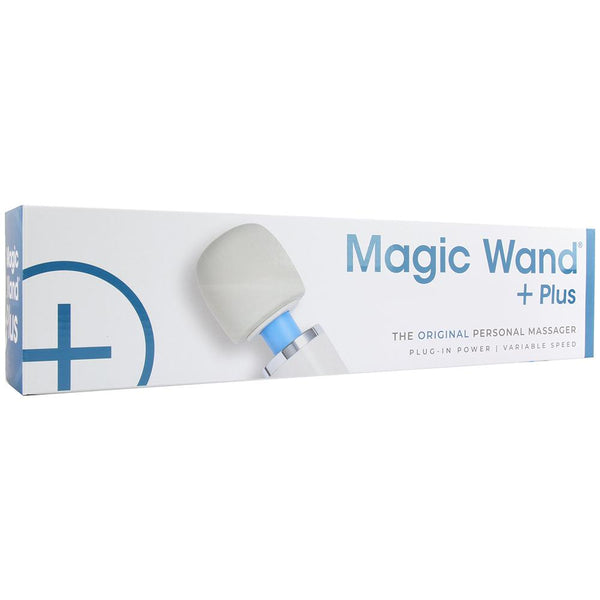 Magic Wand Plus packaging box displaying plug-in power and variable speed details