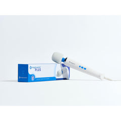 Magic Wand Plus personal massager in white and blue beside its branded box