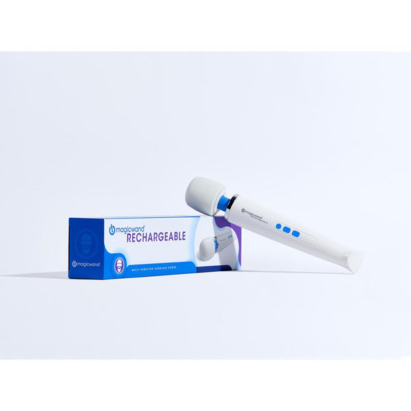 Magic Wand Rechargeable personal massager leaning against its blue and white retail box