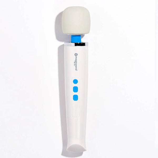 Magic Wand Mini cordless vibrator in white with soft silicone head and blue control buttons