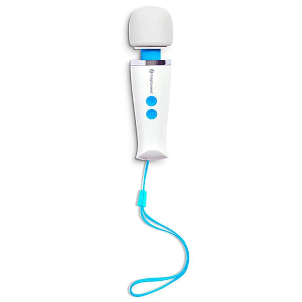 Magic Wand Micro vibrator in white with blue silicone buttons and wrist strap
