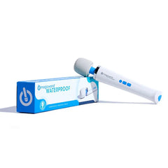 Magic Wand Waterproof massager beside its blue and white retail box, cordless model shown