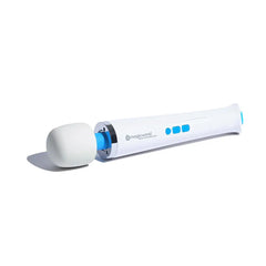 Magic Wand Waterproof vibrator lying at an angle, three blue control buttons and handle visible