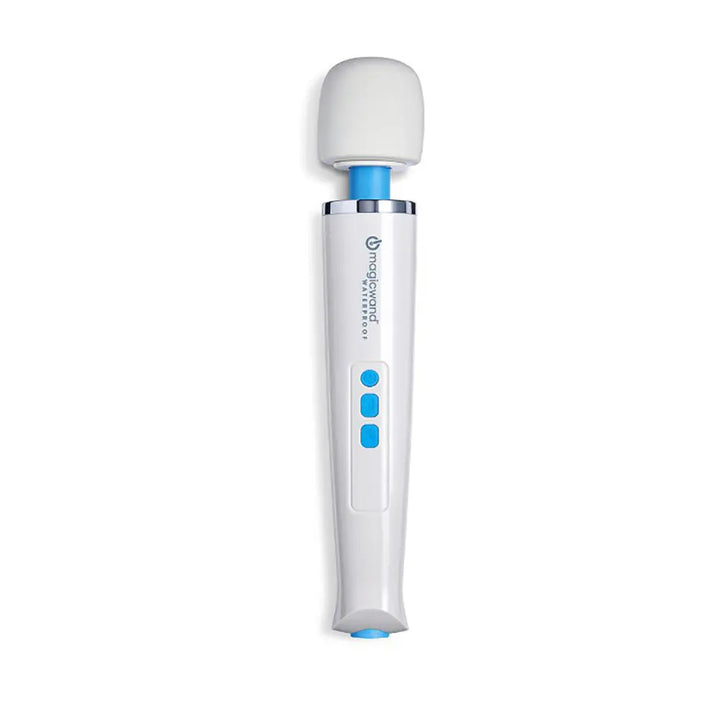 Magic Wand Waterproof vibrator, white with blue buttons, rounded silicone head, upright front view