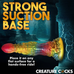 Majestic Merman Dildo attached via strong suction base on flat surface for hands-free use